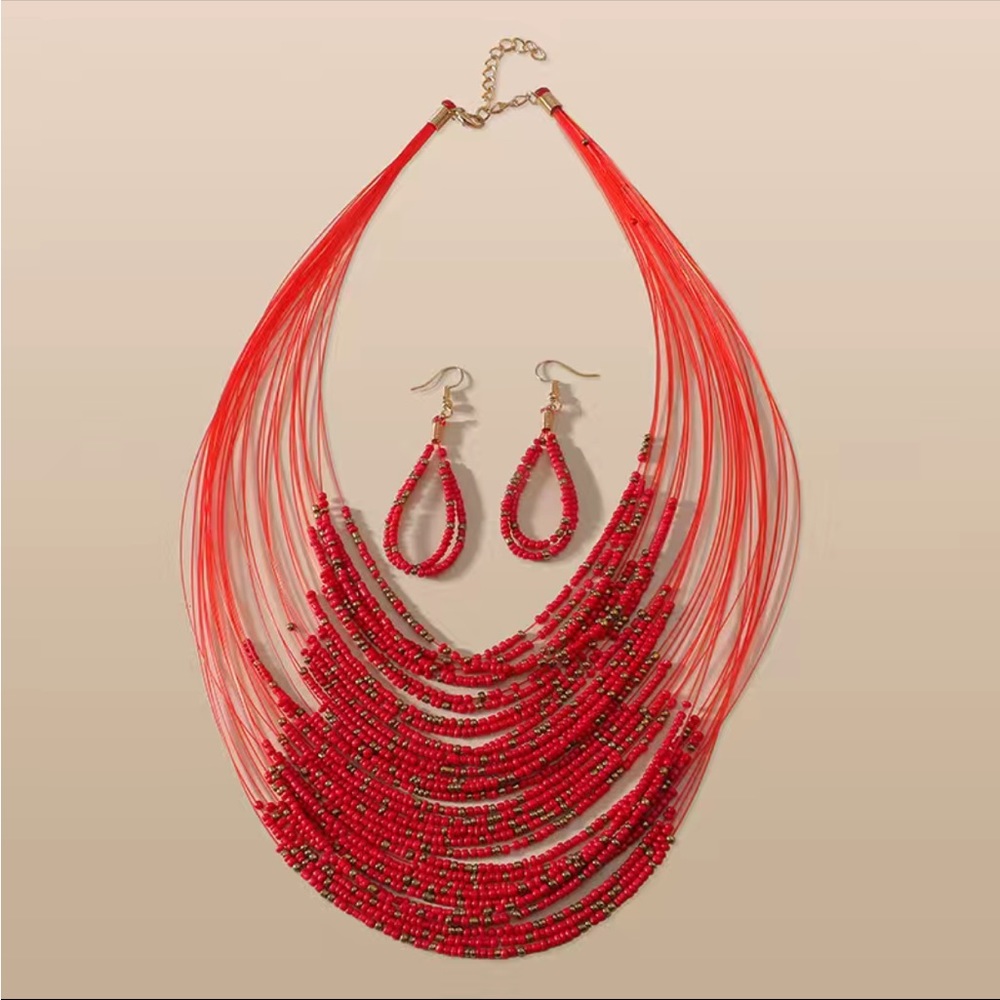 Red Multi Layered Bead Necklace and Earrings Set